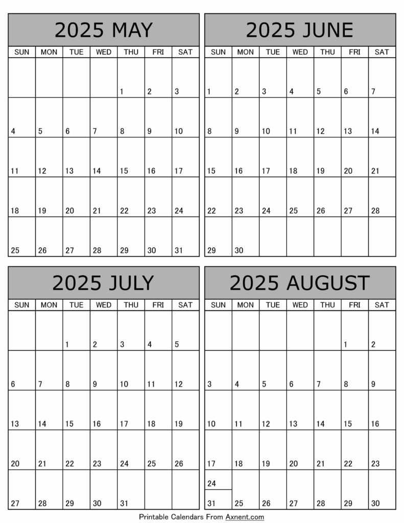 May June July August 2025 Calendar