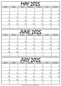 May June and July Calendar 2025