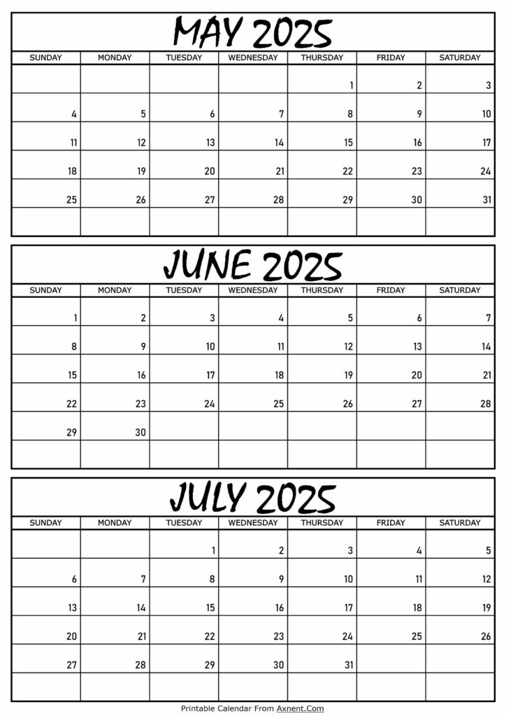 May June and July Calendar 2025