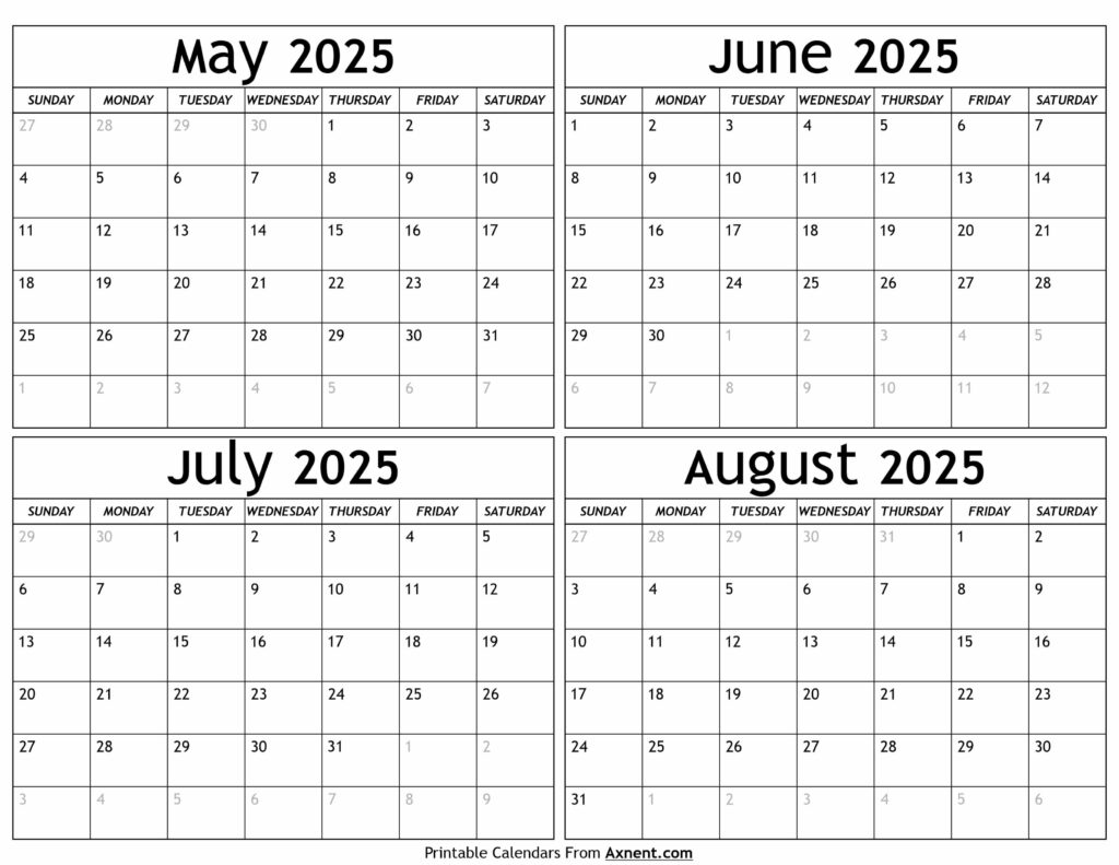 May to August 2025 Calendar