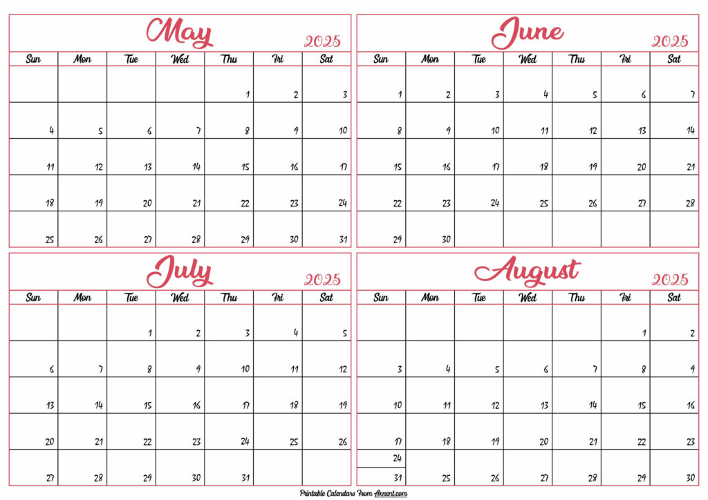 May to August Calendar 2025