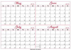 May to August Calendar 2025