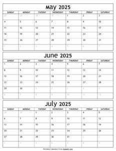 May to July 2025 Calendar