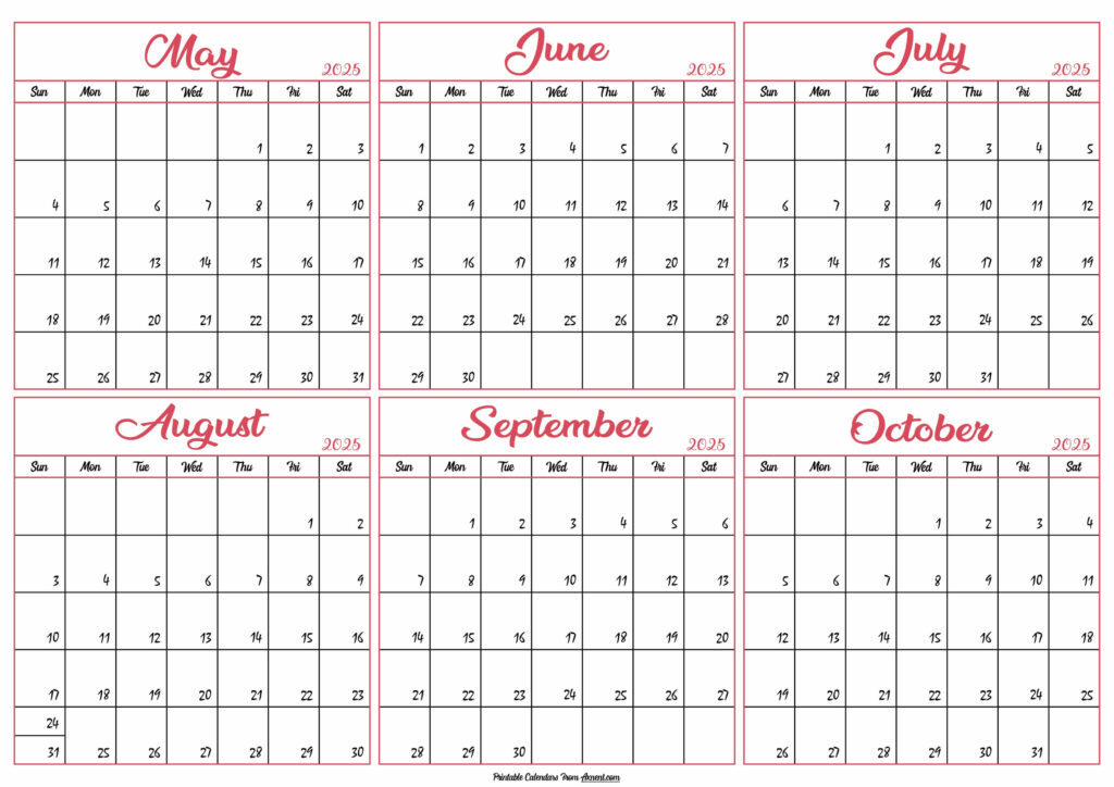 May to October Calendar 2025