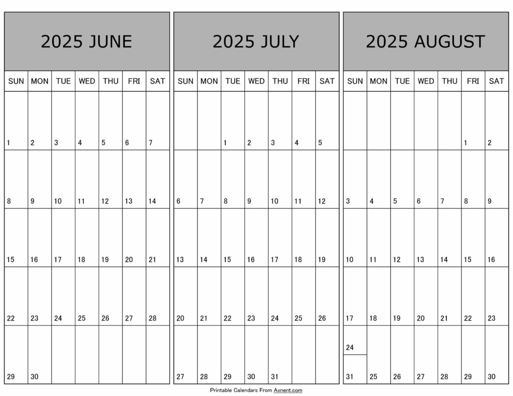 Calendar June July August 2025