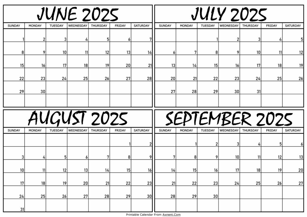 Calendar June to September 2025