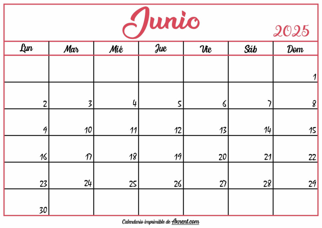 Calendario En Blanco Junio 2025