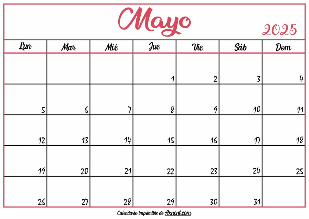 Calendario En Blanco Mayo 2025