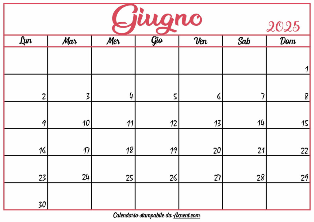 Calendario Giugno 2025 Stampabile