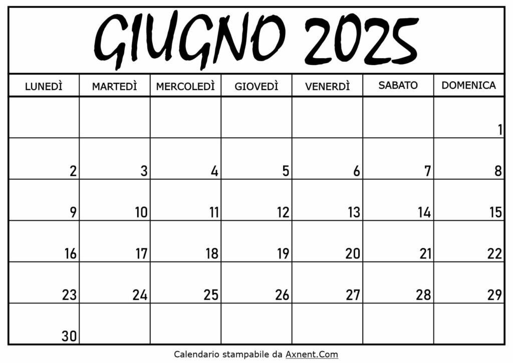 Calendario Giugno 2025 da Stampare