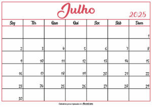 Calendário Junho 2025