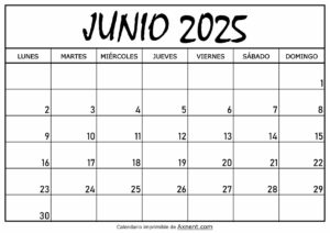 Calendario Junio 2025 Para Imprimir