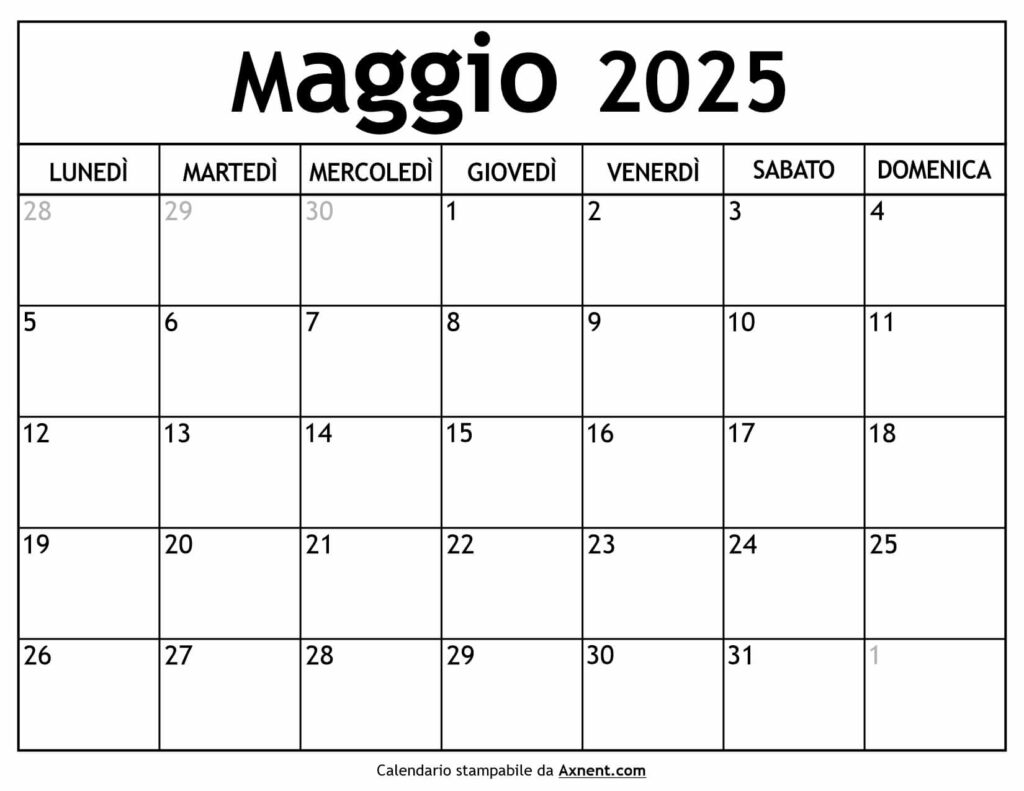 Calendario Maggio 2025