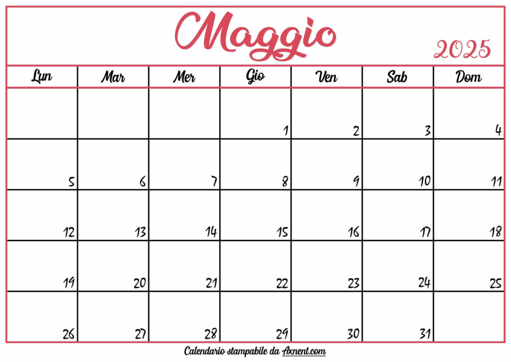 Calendario Maggio 2025 Stampabile