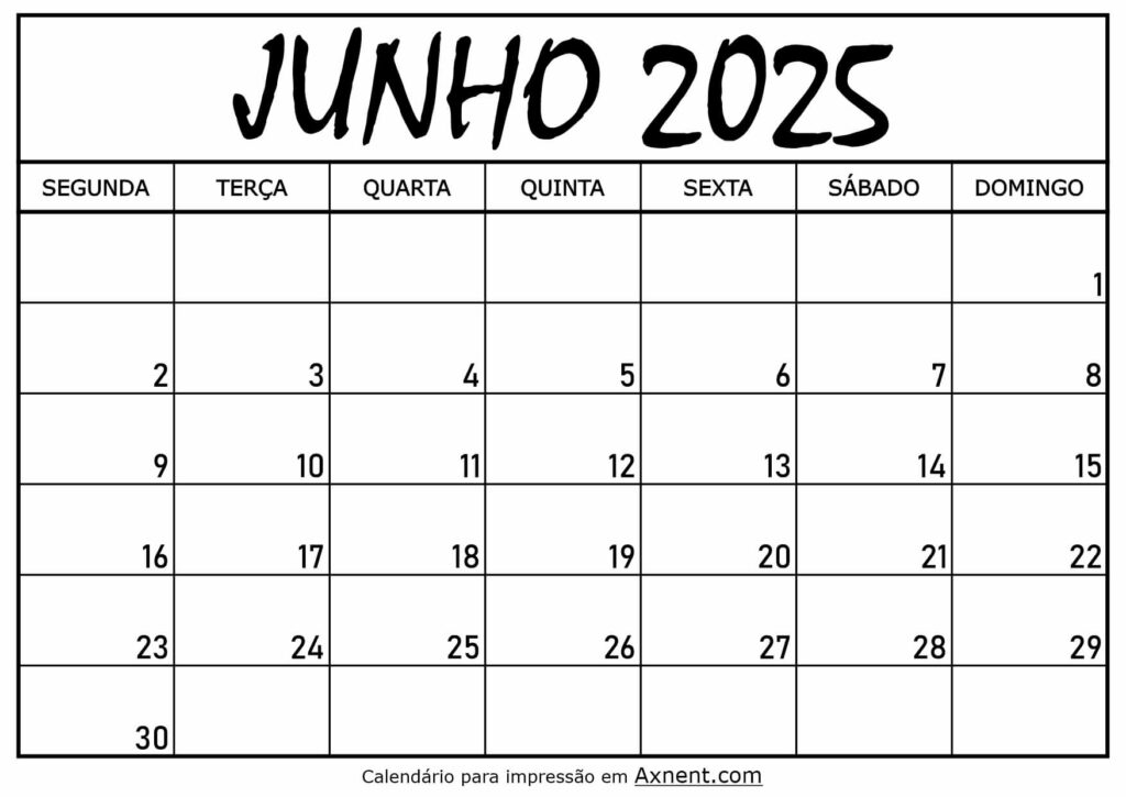 Calendário Mensal Junho 2025