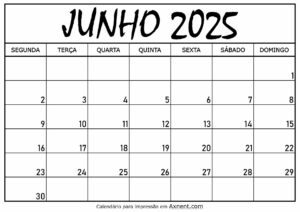 Calendário Mensal Junho 2025