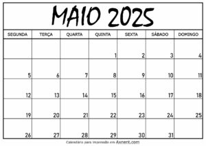 Calendário Mensal Maio 2025