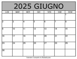 Calendario Mensile di Giugno 2025