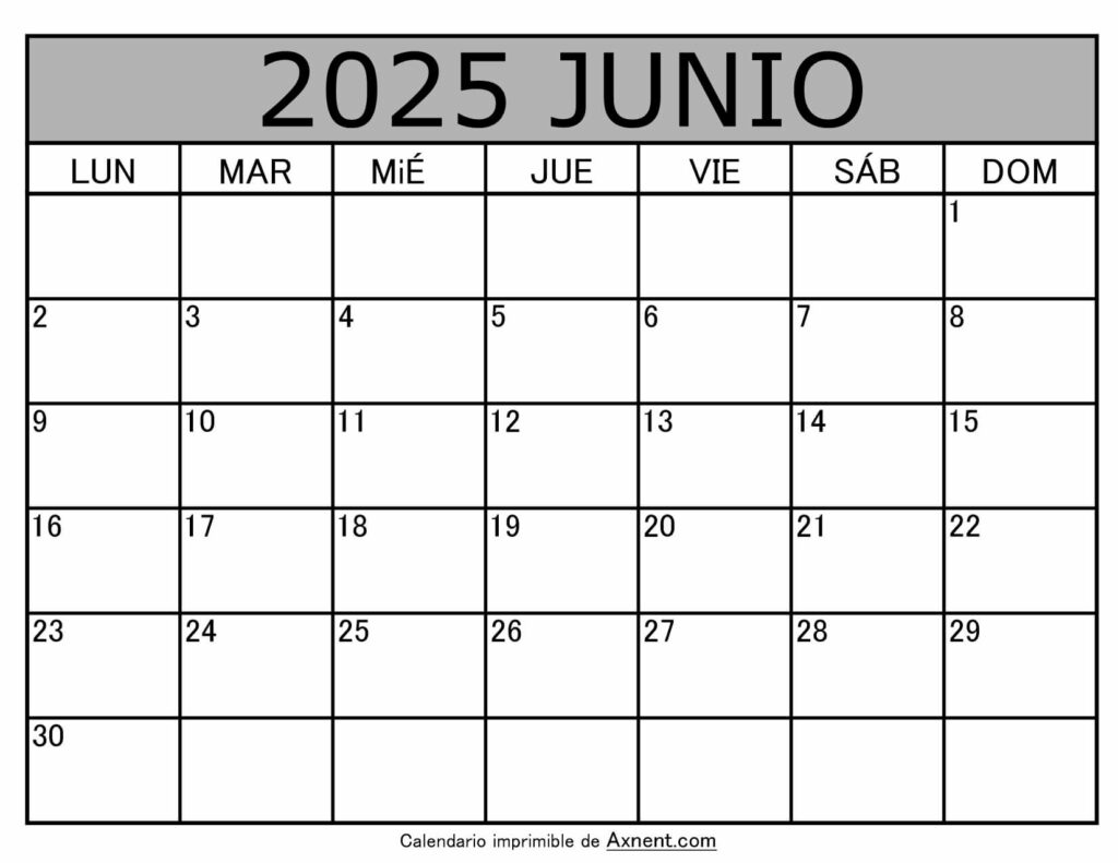 Calendario Mensual Junio 2025