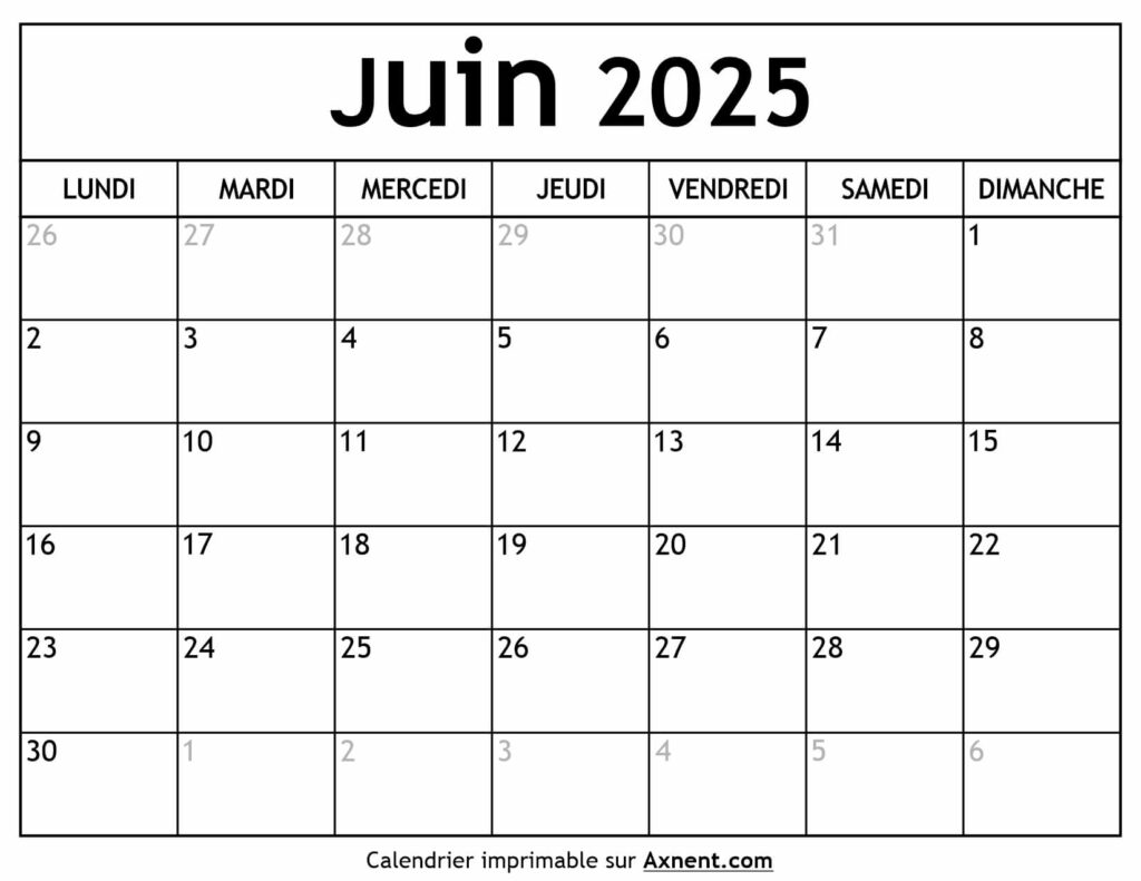 Calendrier Juin 2025