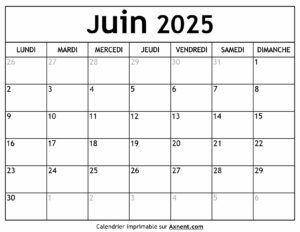 Calendrier Juin 2025