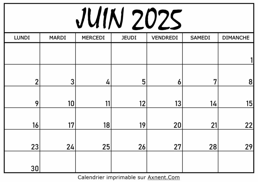 Calendrier Juin 2025 À Imprimer