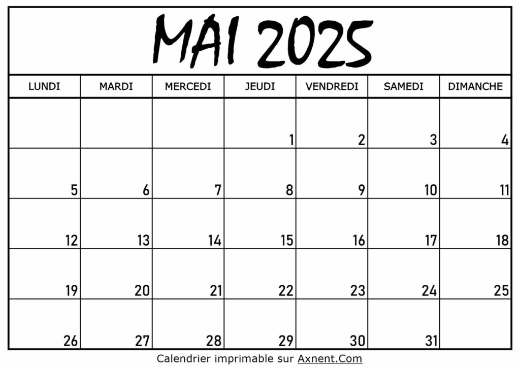 Calendrier Mai 2025 À Imprimer