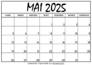 Calendrier Mai 2025 À Imprimer