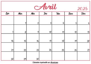 Calendrier Vierge Avril 2025