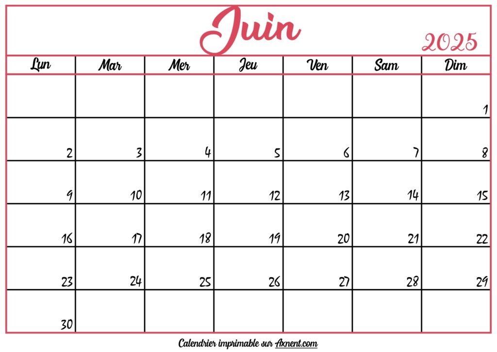 Calendrier Vierge Juin 2025