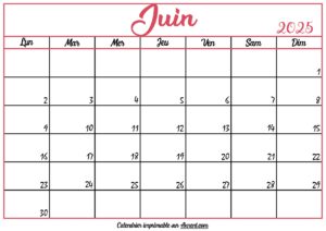 Calendrier Vierge Juin 2025