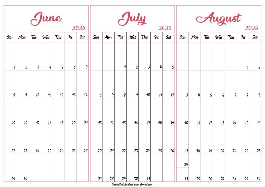 June July August 2025 Calendar