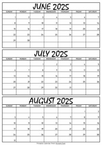 June July and August Calendar 2025