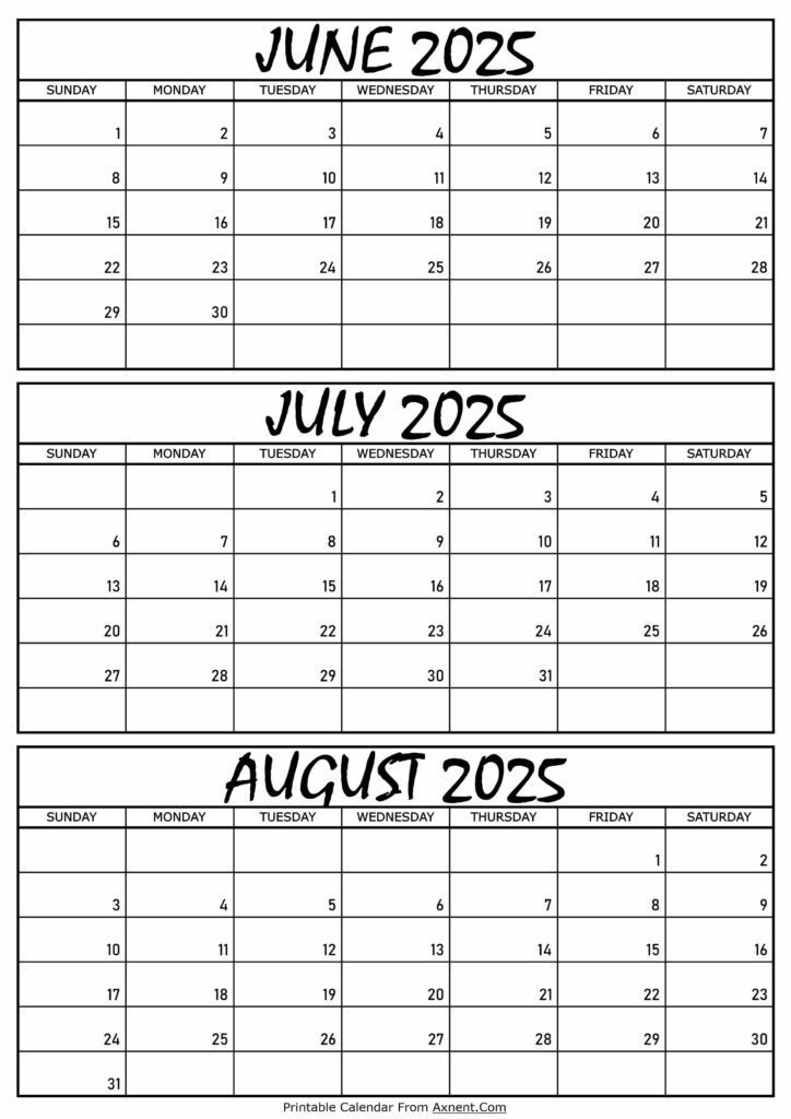 June July and August Calendar 2025