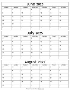 June to August 2025 Calendar