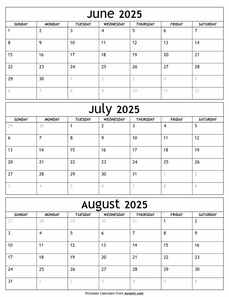 June to August 2025 Calendar