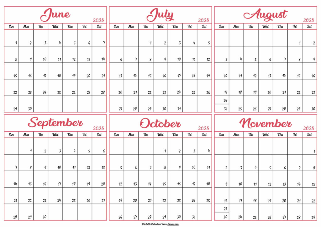 June to November Calendar 2025