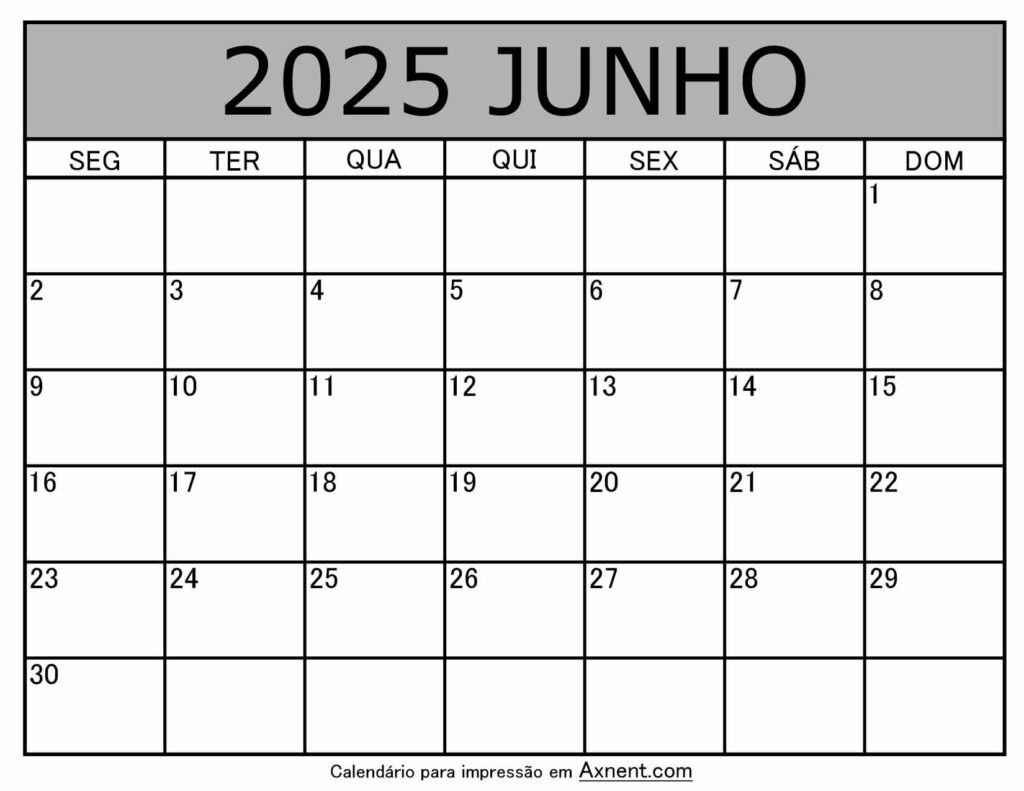 Junho De 2025 Calendario Imprimível