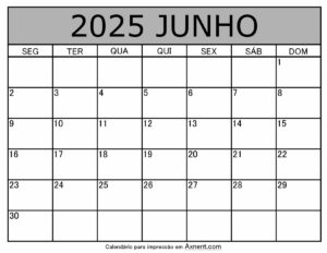 Junho De 2025 Calendario Imprimível