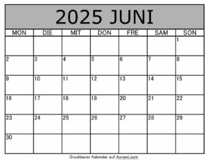 Kalender Juni 2025 zum Ausdrucken