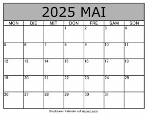 Kalender Mai 2025 zum Ausdrucken