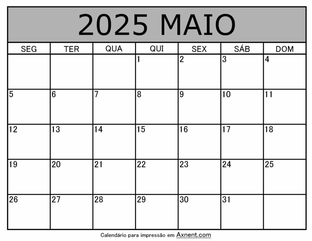 Maio De 2025 Calendario Imprimível