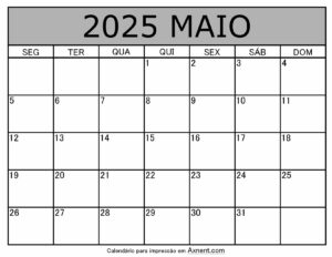 Maio De 2025 Calendario Imprimível