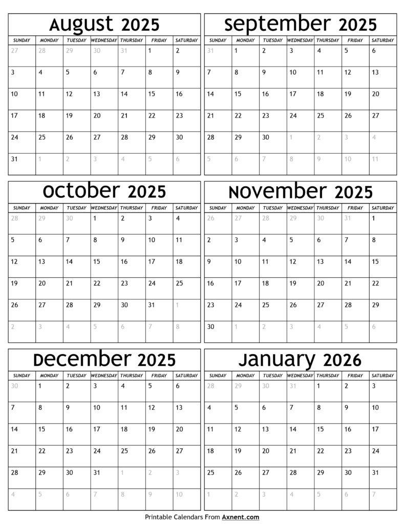 August 2025 to January 2026 Calendar