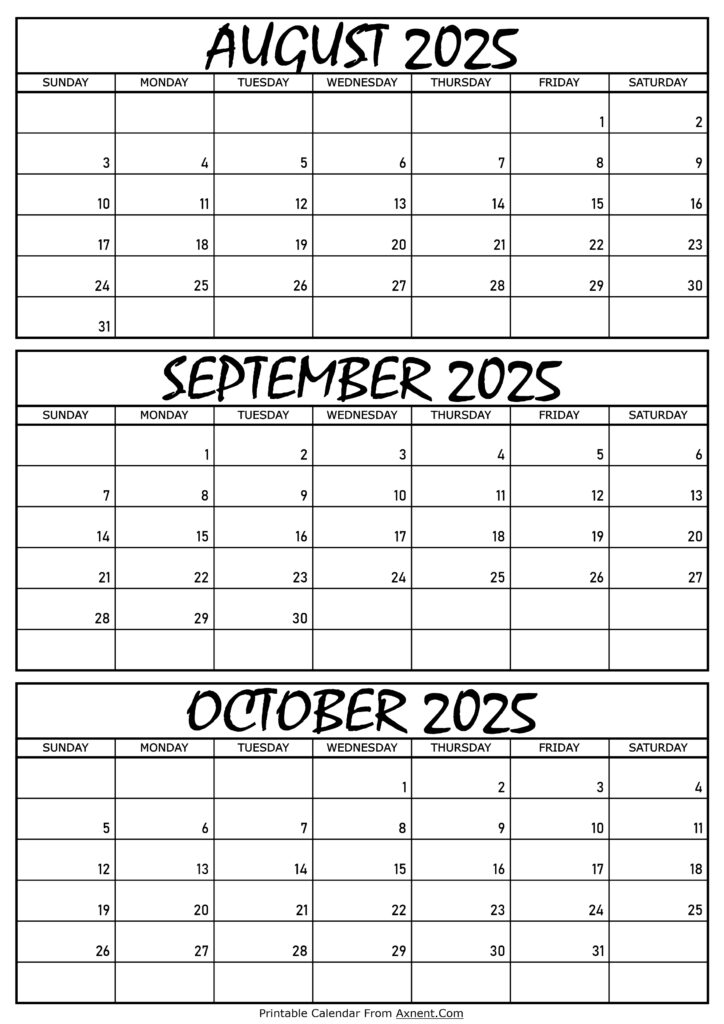 August September and October Calendar 2025