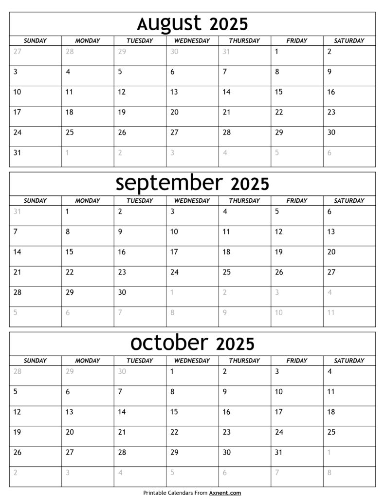 August to October 2025 Calendar