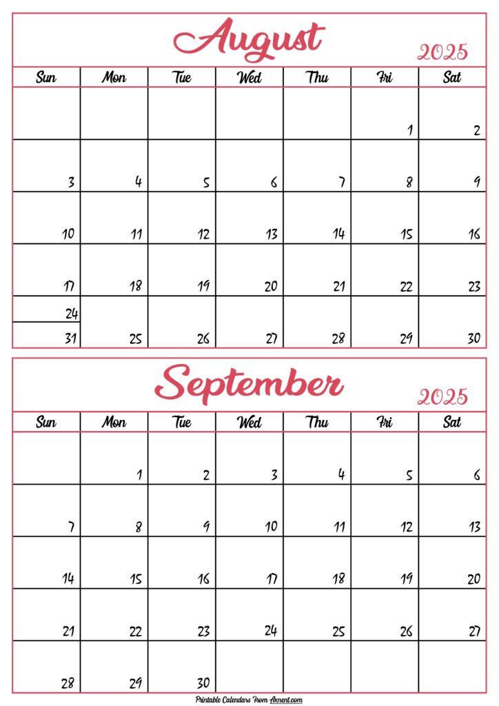 Calendar 2025 August September