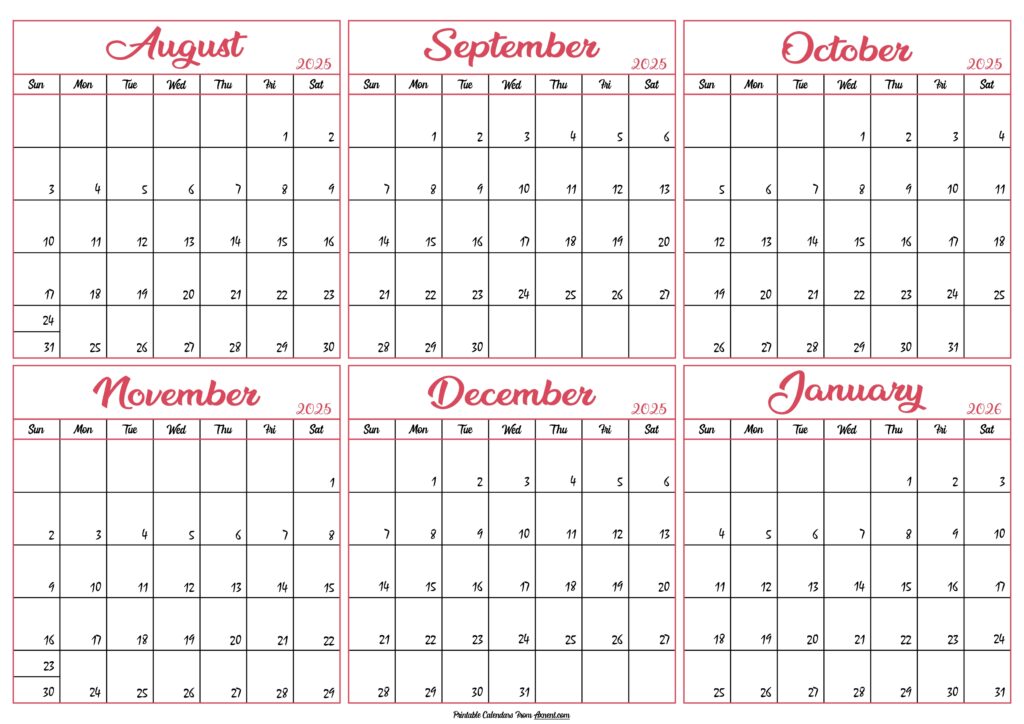 Calendar 2025 August to January 2026