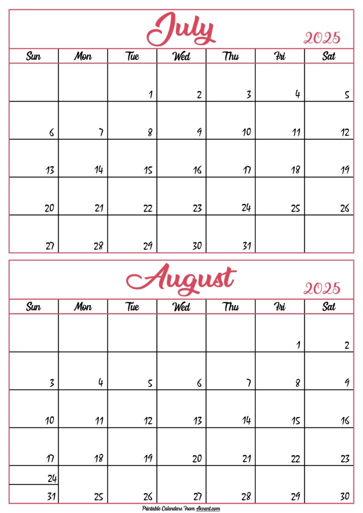 Calendar 2025 July August