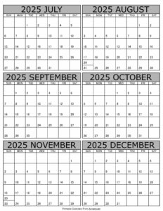 Calendar 2025 July to December